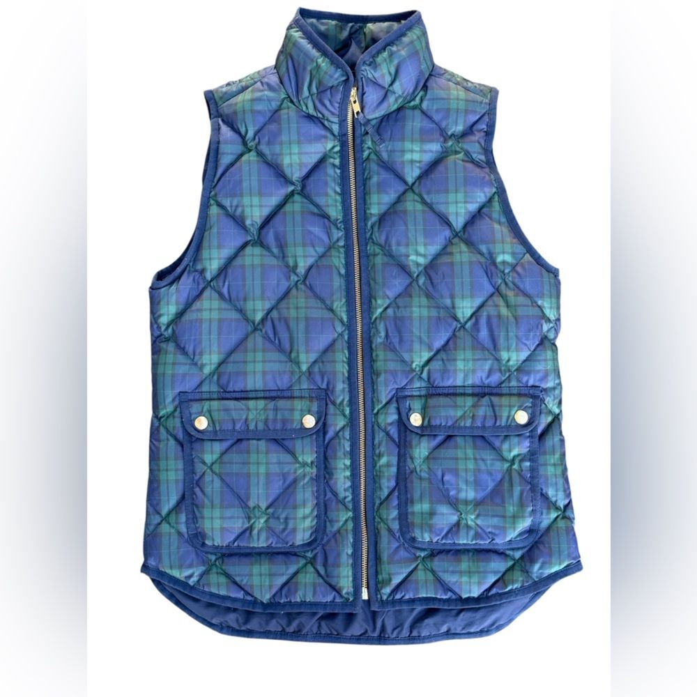 J. crew Navy Green down fill Plaid Zip Up quilted Vest Snap Pockets XS waterfowl